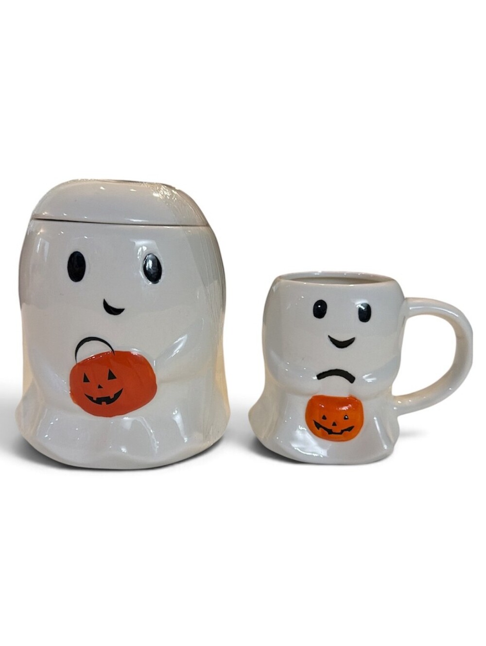White Ghost Ceramic Candy/Cookie Jar and Mug Set with Pumpkin Accents